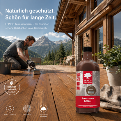 Leinos Terrassenholzöl 0,25l – bräunlich Premium Holzschutzöl für außen, ideal für Lärche, Eiche, Akazie & Teak – Teaköl & Lärchenöl für Terrassen, Zäune, Gartenmöbel, Kinderspielgeräte & mehr
