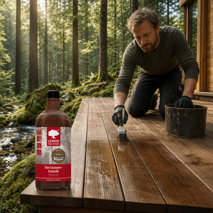 Leinos Terrassenholzöl 0,25l – bräunlich Premium Holzschutzöl für außen, ideal für Lärche, Eiche, Akazie & Teak – Teaköl & Lärchenöl für Terrassen, Zäune, Gartenmöbel, Kinderspielgeräte & mehr