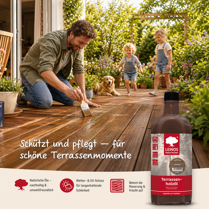 Leinos Terrassenholzöl 0,25l – bräunlich Premium Holzschutzöl für außen, ideal für Lärche, Eiche, Akazie & Teak – Teaköl & Lärchenöl für Terrassen, Zäune, Gartenmöbel, Kinderspielgeräte & mehr