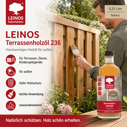 LEINOS Terrassenholzöl 236 | 0,25 Liter | Hochwertiges Holzöl für außen | Für Terrassen, Zäune, Kinderspielgeräte | Farbton: farblos | Tiefer Holzschutz & leichte Anwendung