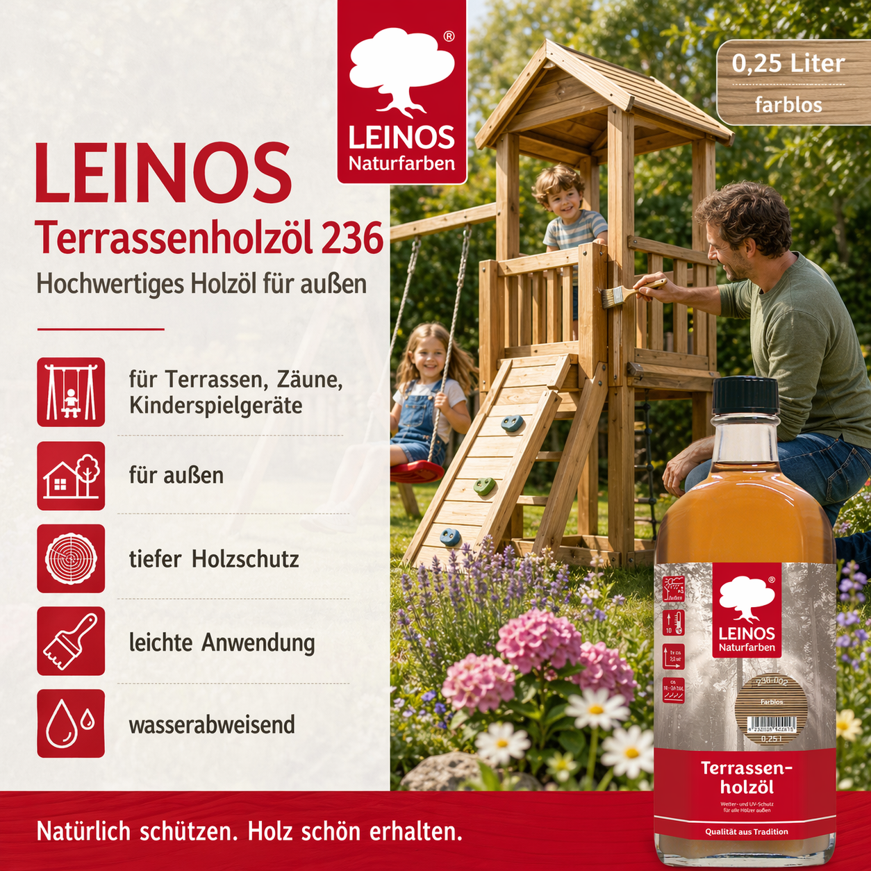 LEINOS Terrassenholzöl 236 | 0,25 Liter | Hochwertiges Holzöl für außen | Für Terrassen, Zäune, Kinderspielgeräte | Farbton: farblos | Tiefer Holzschutz & leichte Anwendung