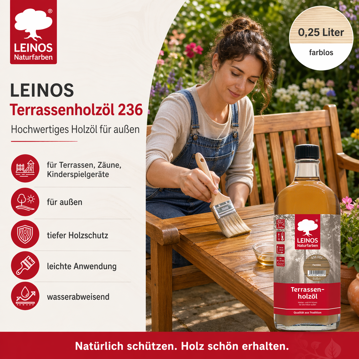 LEINOS Terrassenholzöl 236 | 0,25 Liter | Hochwertiges Holzöl für außen | Für Terrassen, Zäune, Kinderspielgeräte | Farbton: farblos | Tiefer Holzschutz & leichte Anwendung