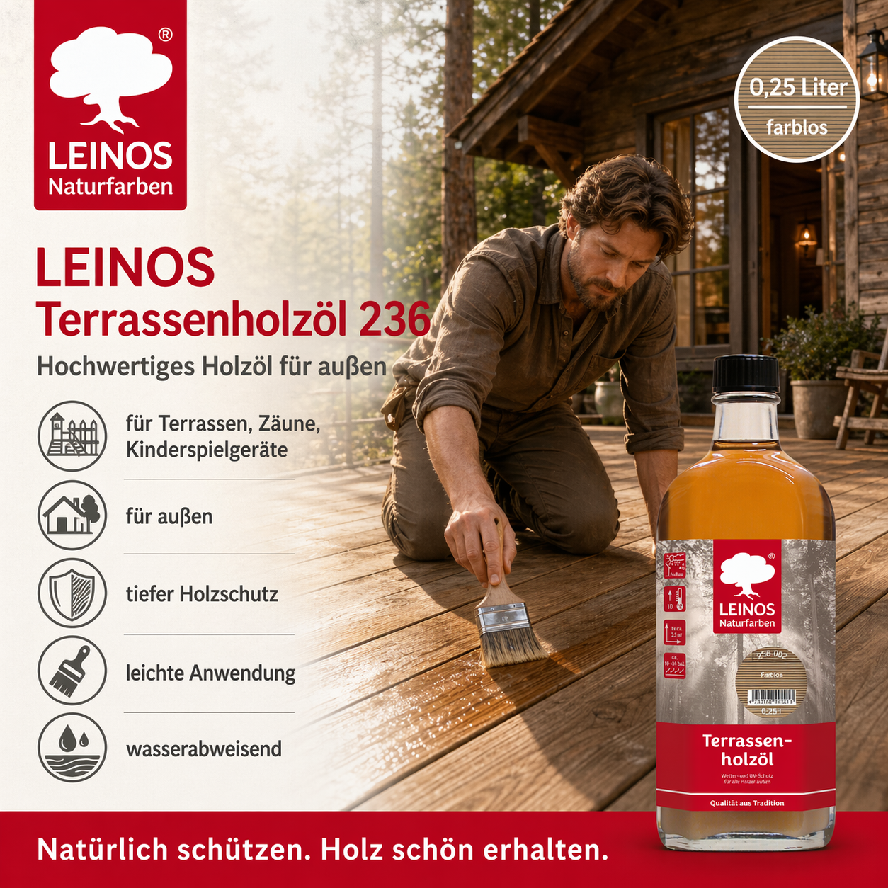 LEINOS Terrassenholzöl 236 | 0,25 Liter | Hochwertiges Holzöl für außen | Für Terrassen, Zäune, Kinderspielgeräte | Farbton: farblos | Tiefer Holzschutz & leichte Anwendung