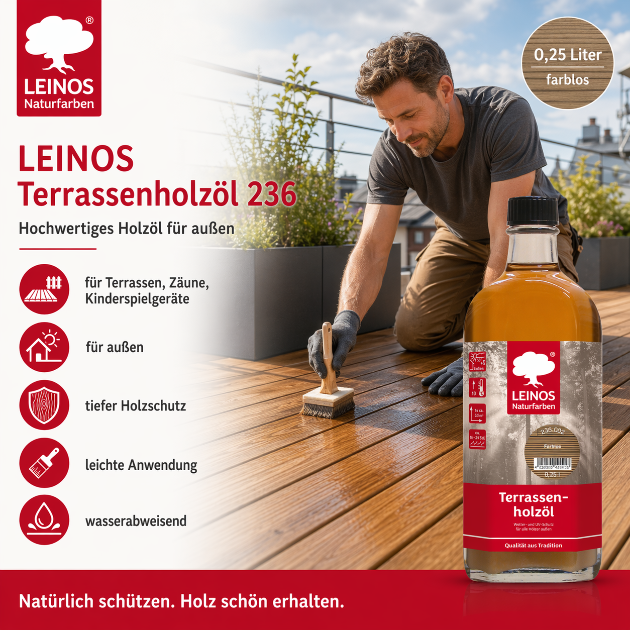 LEINOS Terrassenholzöl 236 | 0,25 Liter | Hochwertiges Holzöl für außen | Für Terrassen, Zäune, Kinderspielgeräte | Farbton: farblos | Tiefer Holzschutz & leichte Anwendung