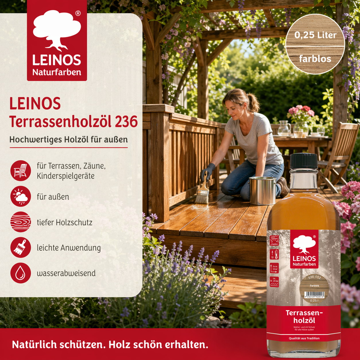LEINOS Terrassenholzöl 236 | 0,25 Liter | Hochwertiges Holzöl für außen | Für Terrassen, Zäune, Kinderspielgeräte | Farbton: farblos | Tiefer Holzschutz & leichte Anwendung