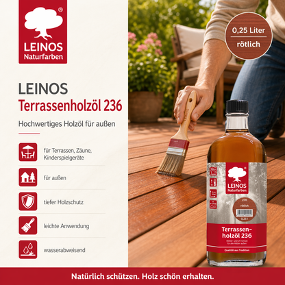 Leinos Terrassenholzöl 0,25l – rötlich Premium Holzschutzöl für außen, ideal für Lärche, Eiche, Akazie & Teak – Teaköl & Lärchenöl für Terrassen, Zäune, Gartenmöbel, Kinderspielgeräte & mehr