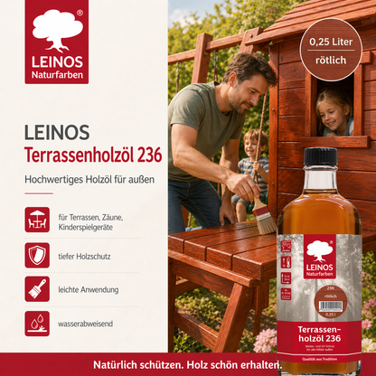 Leinos Terrassenholzöl 0,25l – rötlich Premium Holzschutzöl für außen, ideal für Lärche, Eiche, Akazie & Teak – Teaköl & Lärchenöl für Terrassen, Zäune, Gartenmöbel, Kinderspielgeräte & mehr