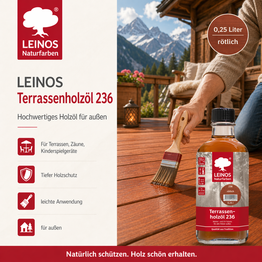 Leinos Terrassenholzöl 0,25l – rötlich Premium Holzschutzöl für außen, ideal für Lärche, Eiche, Akazie & Teak – Teaköl & Lärchenöl für Terrassen, Zäune, Gartenmöbel, Kinderspielgeräte & mehr