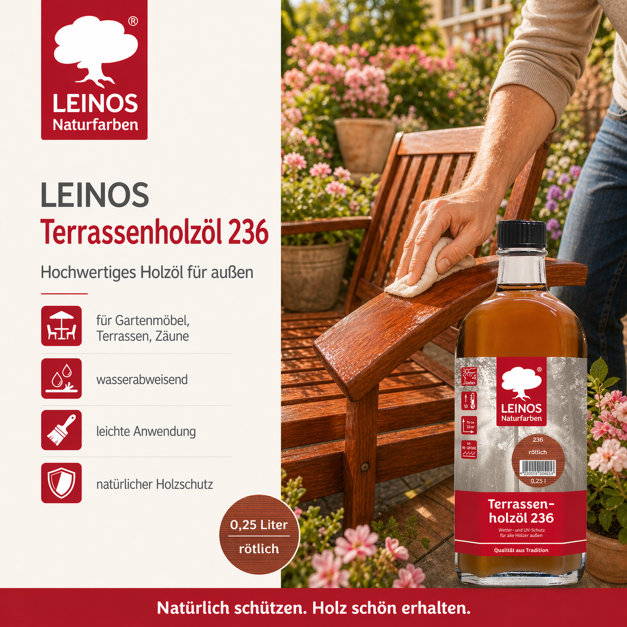 Leinos Terrassenholzöl 0,25l – rötlich Premium Holzschutzöl für außen, ideal für Lärche, Eiche, Akazie & Teak – Teaköl & Lärchenöl für Terrassen, Zäune, Gartenmöbel, Kinderspielgeräte & mehr