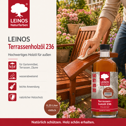 Leinos Terrassenholzöl 0,25l – rötlich Premium Holzschutzöl für außen, ideal für Lärche, Eiche, Akazie & Teak – Teaköl & Lärchenöl für Terrassen, Zäune, Gartenmöbel, Kinderspielgeräte & mehr