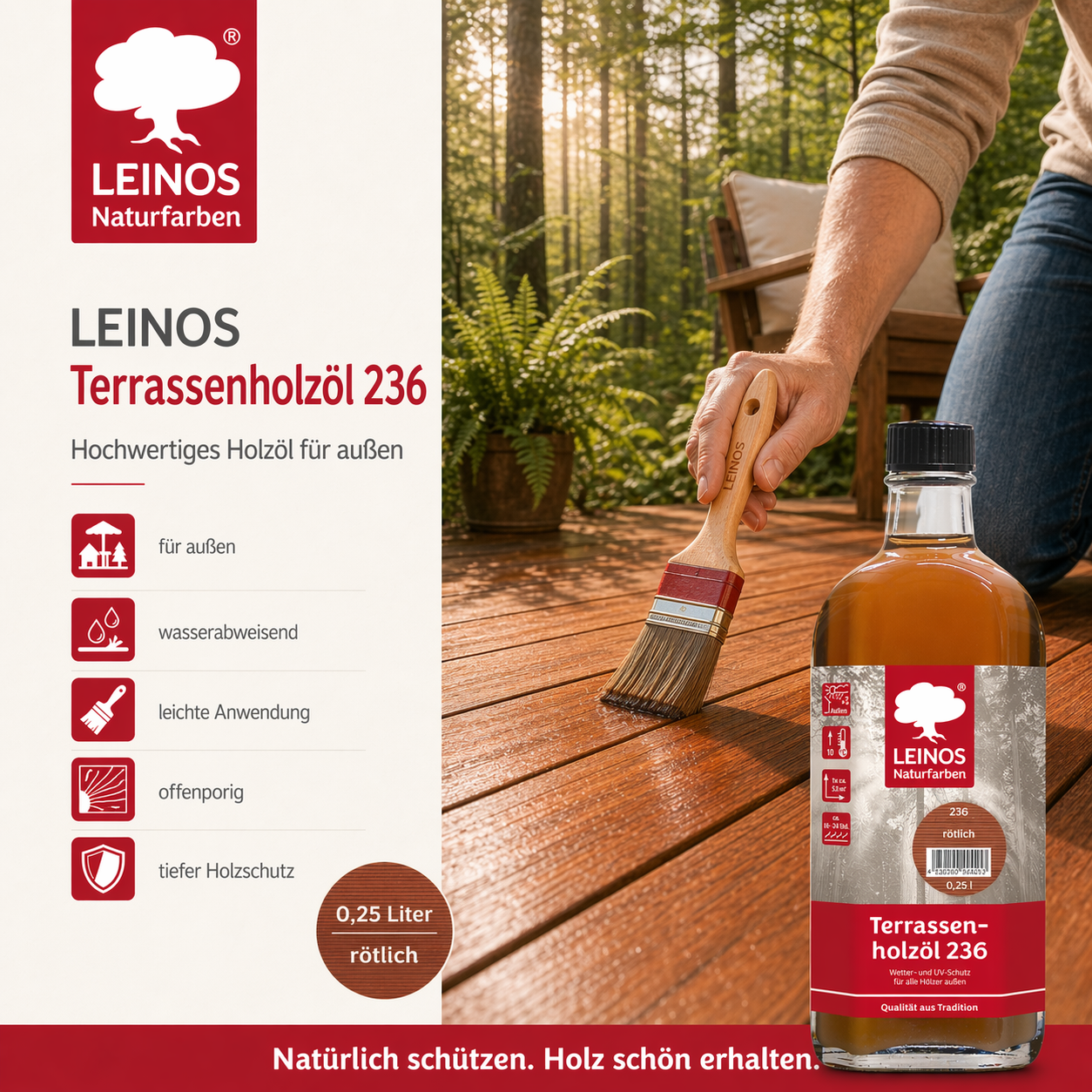 Leinos Terrassenholzöl 0,25l – rötlich Premium Holzschutzöl für außen, ideal für Lärche, Eiche, Akazie & Teak – Teaköl & Lärchenöl für Terrassen, Zäune, Gartenmöbel, Kinderspielgeräte & mehr