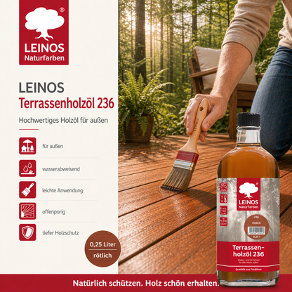 Leinos Terrassenholzöl 0,25l – rötlich Premium Holzschutzöl für außen, ideal für Lärche, Eiche, Akazie & Teak – Teaköl & Lärchenöl für Terrassen, Zäune, Gartenmöbel, Kinderspielgeräte & mehr