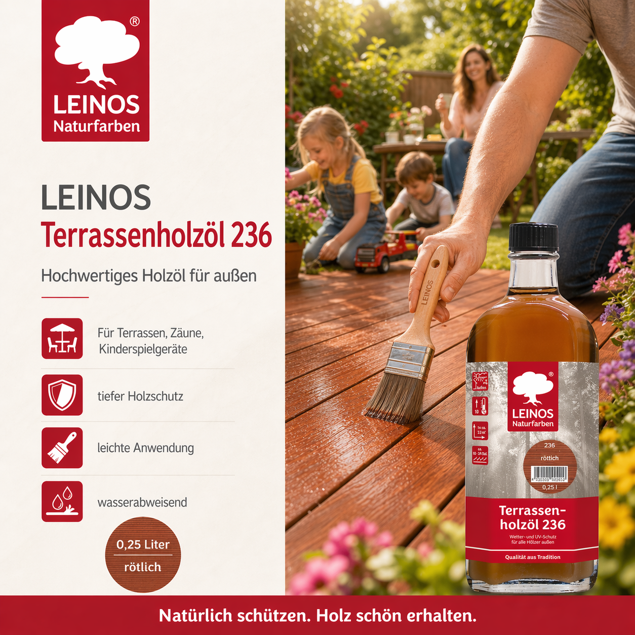 Leinos Terrassenholzöl 0,25l – rötlich Premium Holzschutzöl für außen, ideal für Lärche, Eiche, Akazie & Teak – Teaköl & Lärchenöl für Terrassen, Zäune, Gartenmöbel, Kinderspielgeräte & mehr