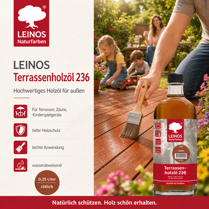Leinos Terrassenholzöl 0,25l – rötlich Premium Holzschutzöl für außen, ideal für Lärche, Eiche, Akazie & Teak – Teaköl & Lärchenöl für Terrassen, Zäune, Gartenmöbel, Kinderspielgeräte & mehr