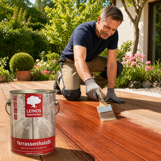 Leinos Terrassenholzöl 2,5l rötliches Premium Holzschutzöl für Lärche, Eiche, Teak & Akazie, Teaköl & Lärchenöl für Gartenmöbel & Terrassen