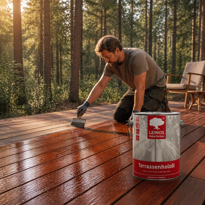 Leinos Terrassenholzöl 2,5l rötliches Premium Holzschutzöl für Lärche, Eiche, Teak & Akazie, Teaköl & Lärchenöl für Gartenmöbel & Terrassen