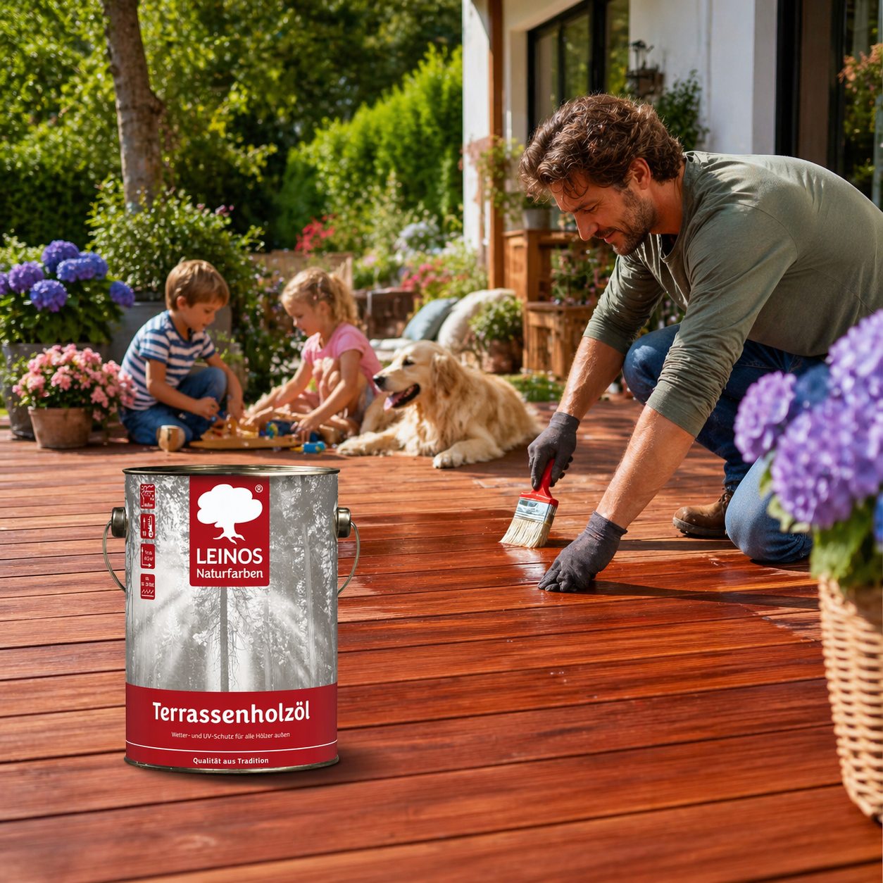 Leinos Terrassenholzöl 2,5l rötliches Premium Holzschutzöl für Lärche, Eiche, Teak & Akazie, Teaköl & Lärchenöl für Gartenmöbel & Terrassen