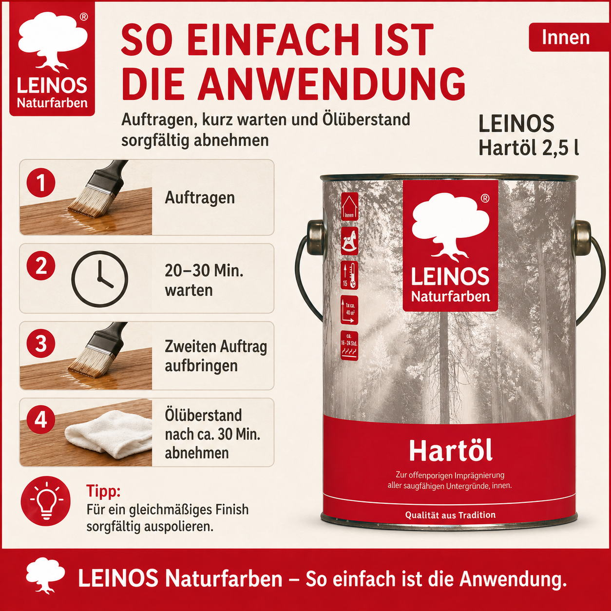 LEINOS Holzöl 2,5 l | Hartöl Bernstein für Tische Möbel Arbeitsplatten | Teak Eiche Möbelöl für effektive Versiegelung und langanhaltenden Schutz im Innenbereich