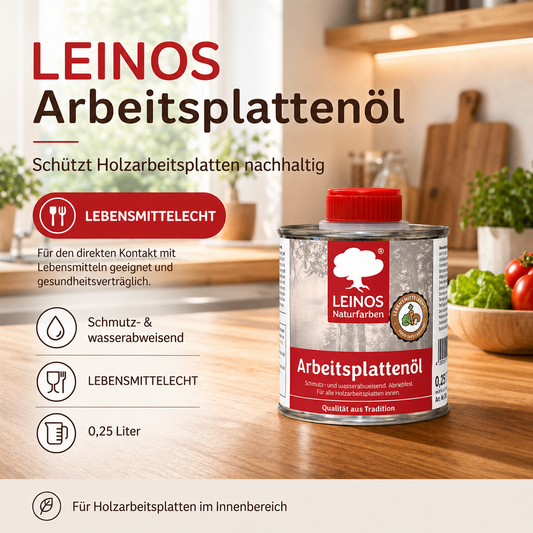 LEINOS 280 Arbeitsplattenöl für Innen 0,25 | Naturöl zur Imprägnierung von Küchenarbeitsplatten, Möbeloberflächen & Kinderspielzeug aus Holz | Speziell für den Küchenbereich, lösemittelfrei