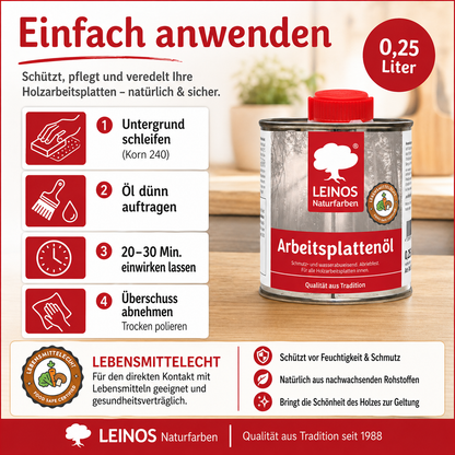 LEINOS 280 Arbeitsplattenöl für Innen 0,25 | Naturöl zur Imprägnierung von Küchenarbeitsplatten, Möbeloberflächen & Kinderspielzeug aus Holz | Speziell für den Küchenbereich, lösemittelfrei