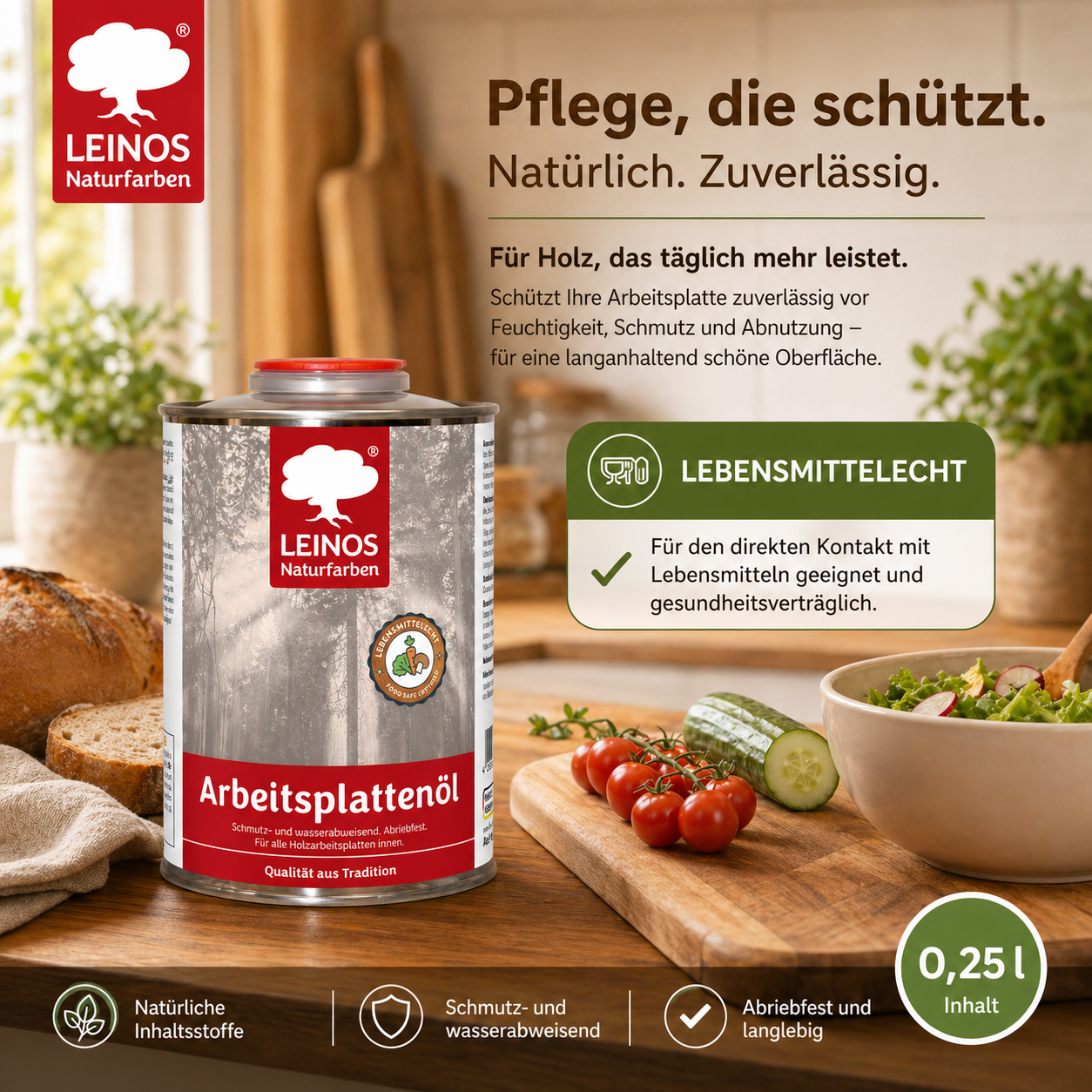 LEINOS 280 Arbeitsplattenöl für Innen 0,25 | Naturöl zur Imprägnierung von Küchenarbeitsplatten, Möbeloberflächen & Kinderspielzeug aus Holz | Speziell für den Küchenbereich, lösemittelfrei