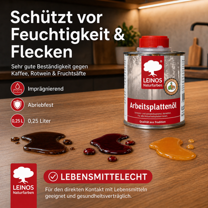LEINOS 280 Arbeitsplattenöl für Innen 0,25 | Naturöl zur Imprägnierung von Küchenarbeitsplatten, Möbeloberflächen & Kinderspielzeug aus Holz | Speziell für den Küchenbereich, lösemittelfrei