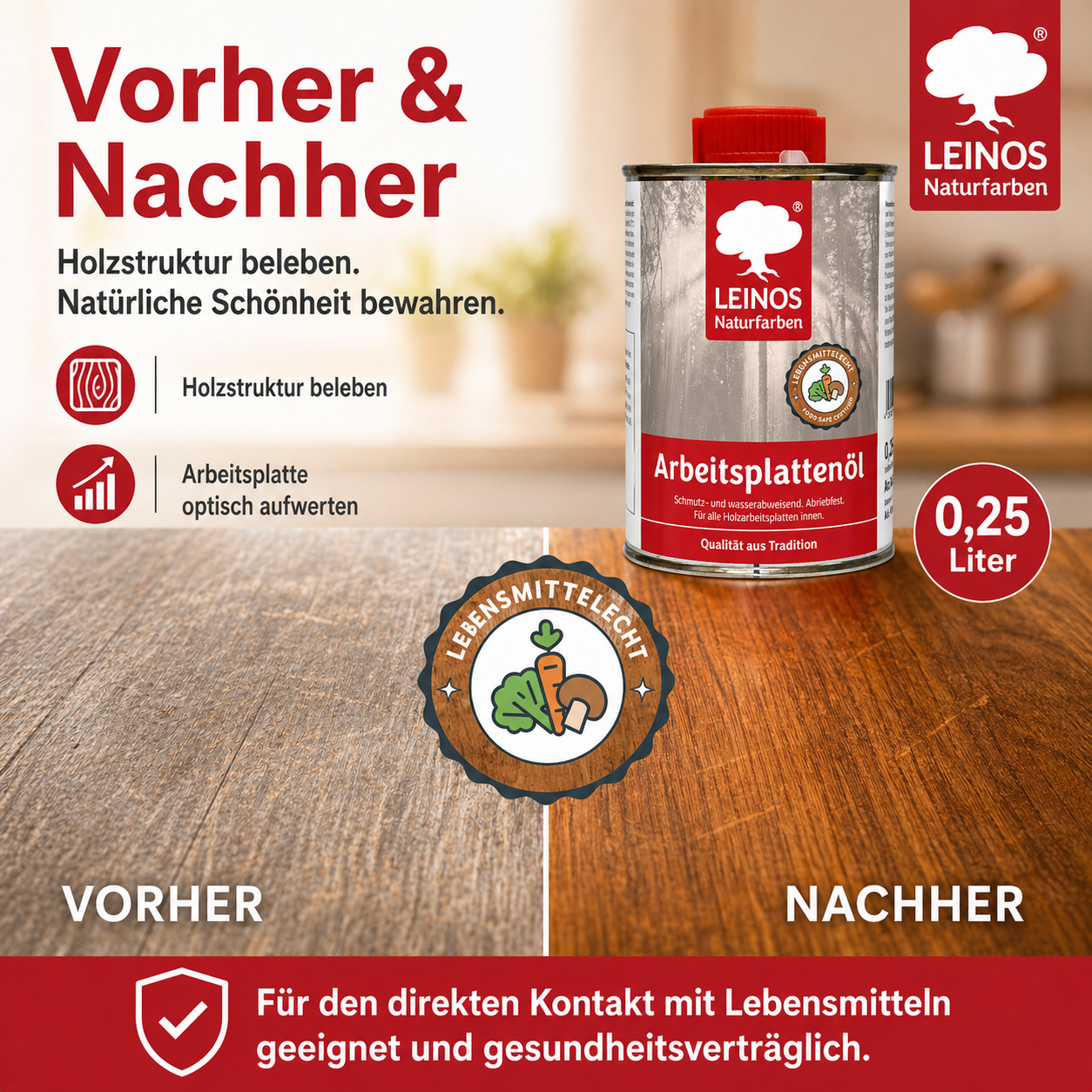 LEINOS 280 Arbeitsplattenöl für Innen 0,25 | Naturöl zur Imprägnierung von Küchenarbeitsplatten, Möbeloberflächen & Kinderspielzeug aus Holz | Speziell für den Küchenbereich, lösemittelfrei
