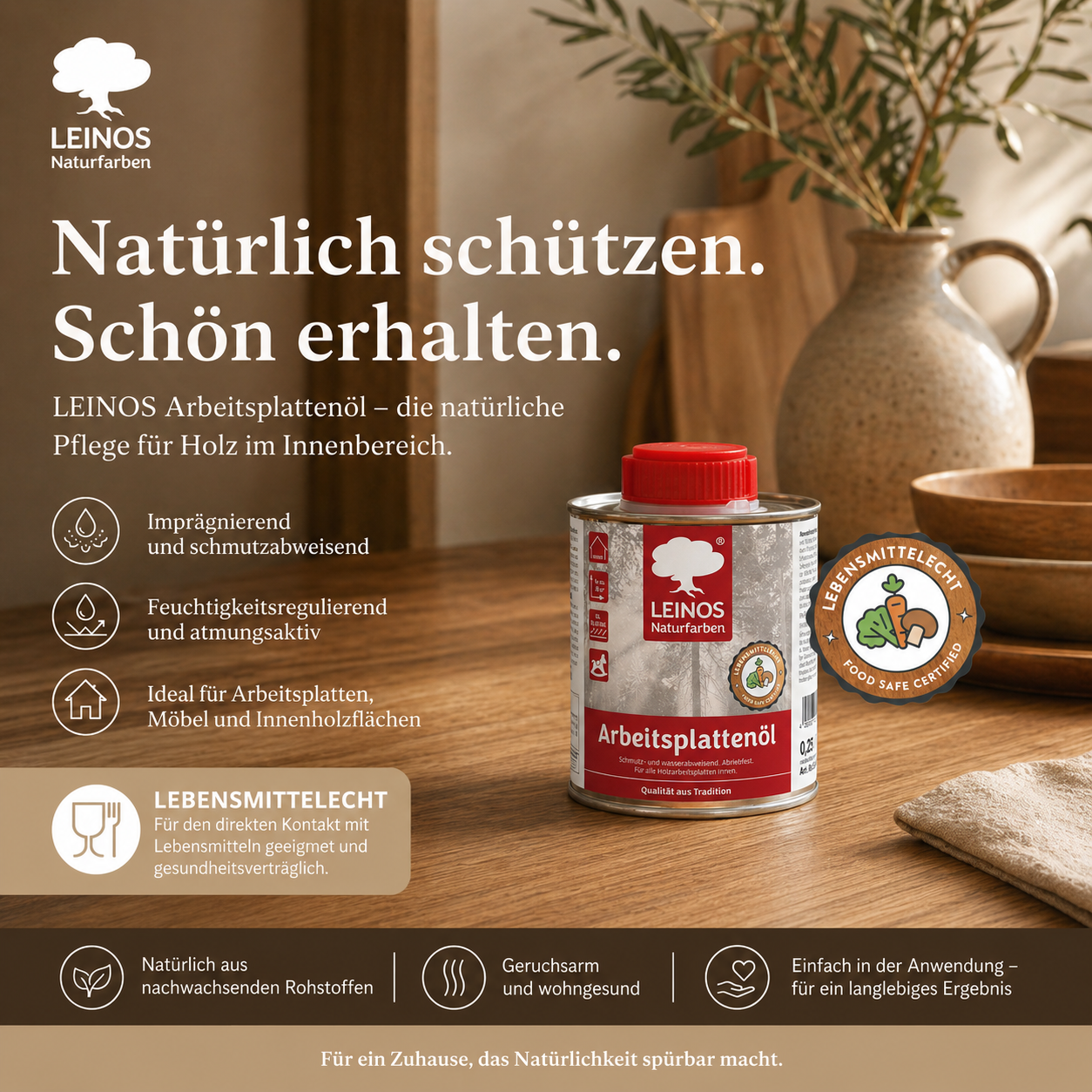 LEINOS 280 Arbeitsplattenöl für Innen 0,25 | Naturöl zur Imprägnierung von Küchenarbeitsplatten, Möbeloberflächen & Kinderspielzeug aus Holz | Speziell für den Küchenbereich, lösemittelfrei