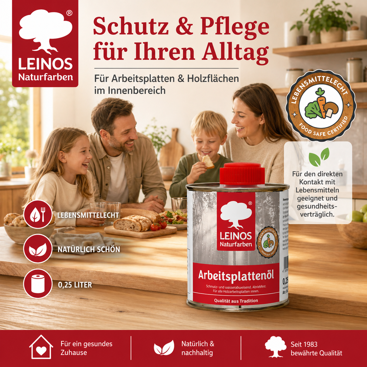 LEINOS 280 Arbeitsplattenöl für Innen 0,25 | Naturöl zur Imprägnierung von Küchenarbeitsplatten, Möbeloberflächen & Kinderspielzeug aus Holz | Speziell für den Küchenbereich, lösemittelfrei
