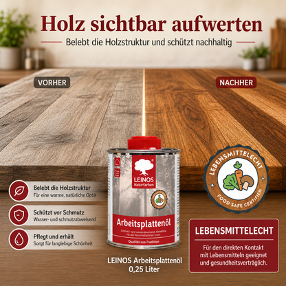 LEINOS 280 Arbeitsplattenöl für Innen 0,25 | Naturöl zur Imprägnierung von Küchenarbeitsplatten, Möbeloberflächen & Kinderspielzeug aus Holz | Speziell für den Küchenbereich, lösemittelfrei