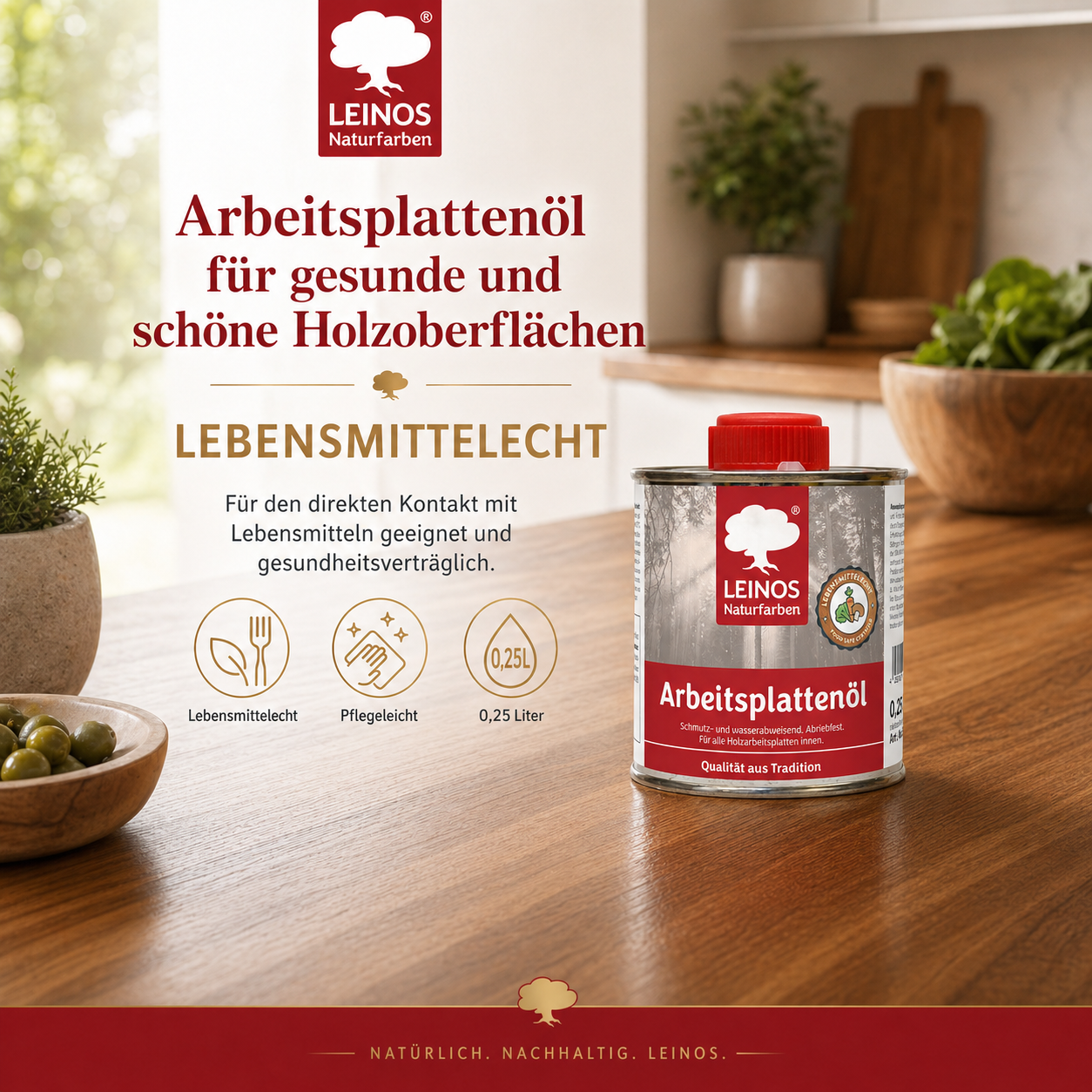LEINOS 280 Arbeitsplattenöl für Innen 0,25 | Naturöl zur Imprägnierung von Küchenarbeitsplatten, Möbeloberflächen & Kinderspielzeug aus Holz | Speziell für den Küchenbereich, lösemittelfrei