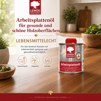 LEINOS 280 Arbeitsplattenöl für Innen 0,25 | Naturöl zur Imprägnierung von Küchenarbeitsplatten, Möbeloberflächen & Kinderspielzeug aus Holz | Speziell für den Küchenbereich, lösemittelfrei