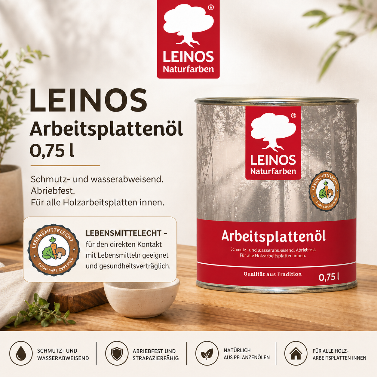 LEINOS 280 Arbeitsplattenöl für Innen 0,75 l |  Imprägnierung von Küchenarbeitsplatten, Möbeloberflächen und Kinderspielzeug aus Holz. | speziell Küchenbereich