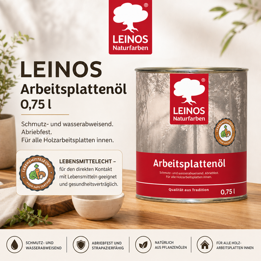 LEINOS 280 Arbeitsplattenöl für Innen 0,75 l |  Imprägnierung von Küchenarbeitsplatten, Möbeloberflächen und Kinderspielzeug aus Holz. | speziell Küchenbereich