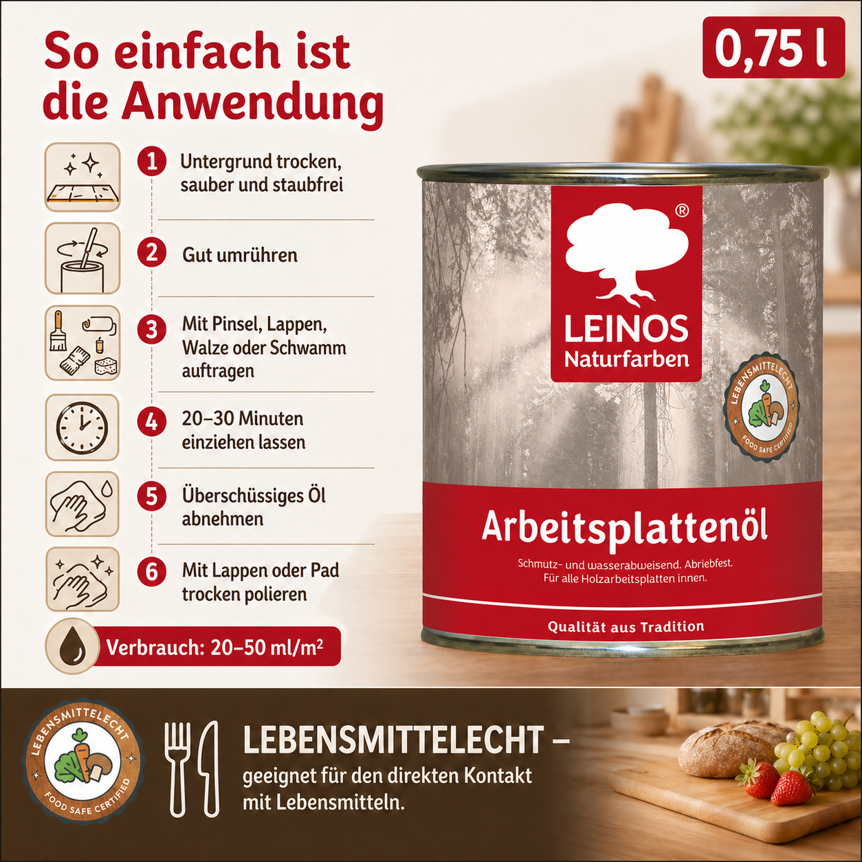 LEINOS 280 Arbeitsplattenöl für Innen 0,75 l |  Imprägnierung von Küchenarbeitsplatten, Möbeloberflächen und Kinderspielzeug aus Holz. | speziell Küchenbereich
