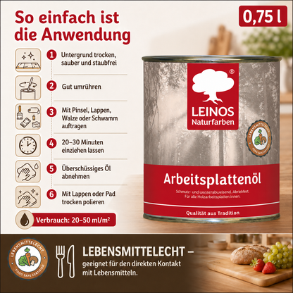 LEINOS 280 Arbeitsplattenöl für Innen 0,75 l |  Imprägnierung von Küchenarbeitsplatten, Möbeloberflächen und Kinderspielzeug aus Holz. | speziell Küchenbereich