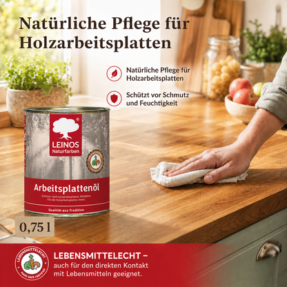 LEINOS 280 Arbeitsplattenöl für Innen 0,75 l |  Imprägnierung von Küchenarbeitsplatten, Möbeloberflächen und Kinderspielzeug aus Holz. | speziell Küchenbereich
