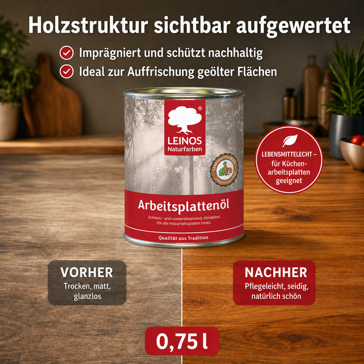 LEINOS 280 Arbeitsplattenöl für Innen 0,75 l |  Imprägnierung von Küchenarbeitsplatten, Möbeloberflächen und Kinderspielzeug aus Holz. | speziell Küchenbereich