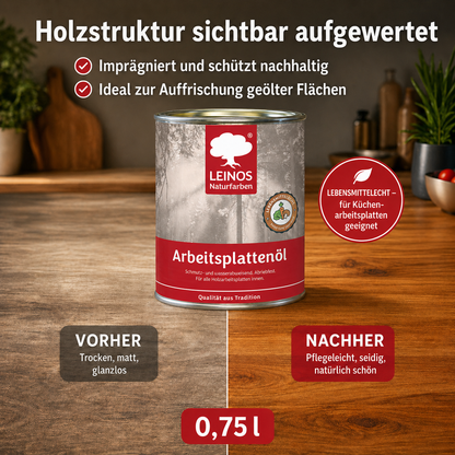 LEINOS 280 Arbeitsplattenöl für Innen 0,75 l |  Imprägnierung von Küchenarbeitsplatten, Möbeloberflächen und Kinderspielzeug aus Holz. | speziell Küchenbereich