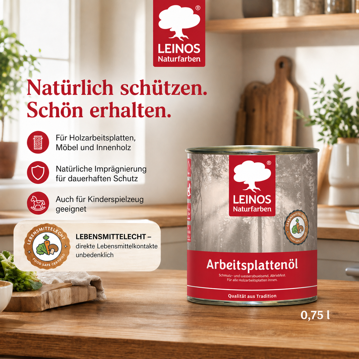 LEINOS 280 Arbeitsplattenöl für Innen 0,75 l |  Imprägnierung von Küchenarbeitsplatten, Möbeloberflächen und Kinderspielzeug aus Holz. | speziell Küchenbereich