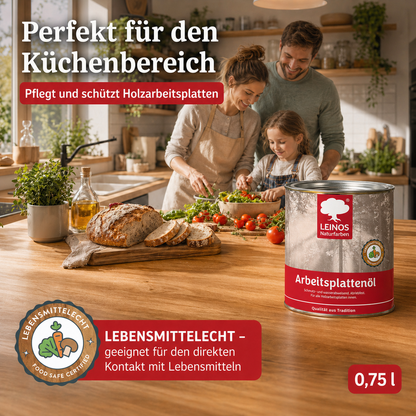 LEINOS 280 Arbeitsplattenöl für Innen 0,75 l |  Imprägnierung von Küchenarbeitsplatten, Möbeloberflächen und Kinderspielzeug aus Holz. | speziell Küchenbereich