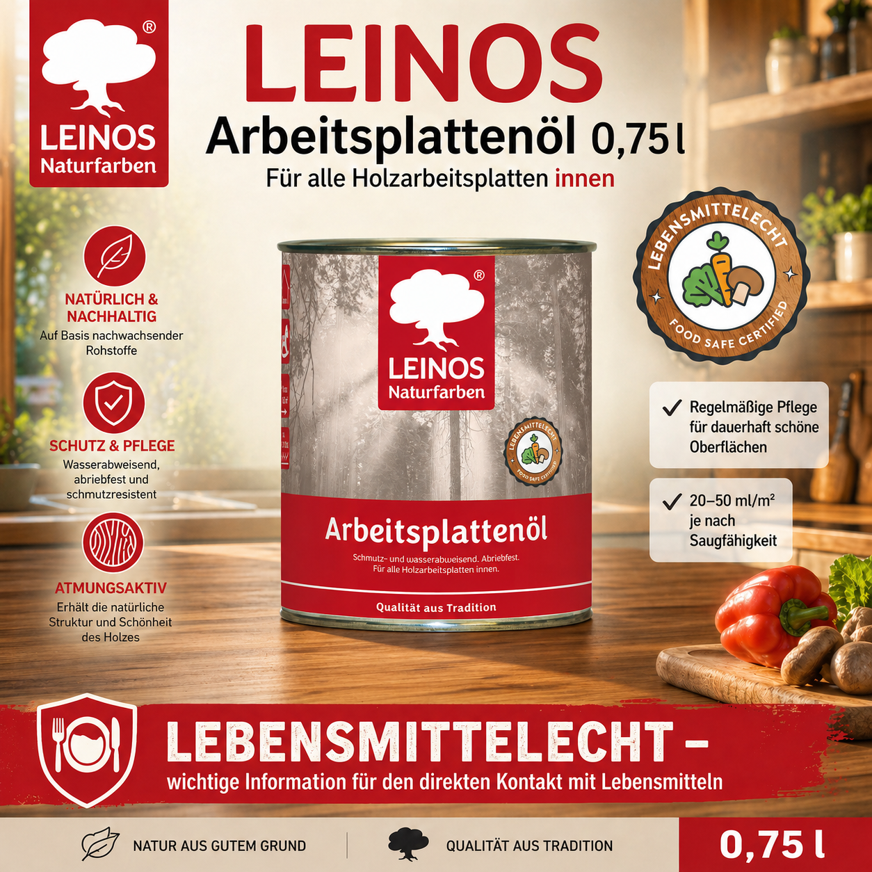 LEINOS 280 Arbeitsplattenöl für Innen 0,75 l |  Imprägnierung von Küchenarbeitsplatten, Möbeloberflächen und Kinderspielzeug aus Holz. | speziell Küchenbereich