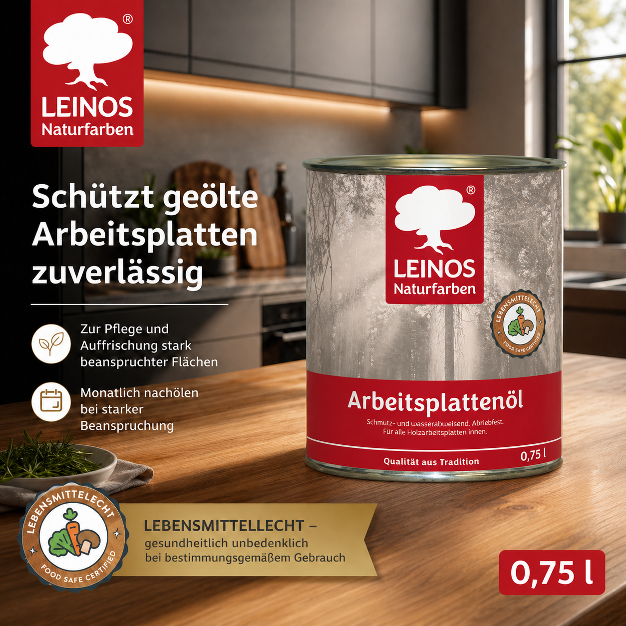 LEINOS 280 Arbeitsplattenöl für Innen 0,75 l |  Imprägnierung von Küchenarbeitsplatten, Möbeloberflächen und Kinderspielzeug aus Holz. | speziell Küchenbereich