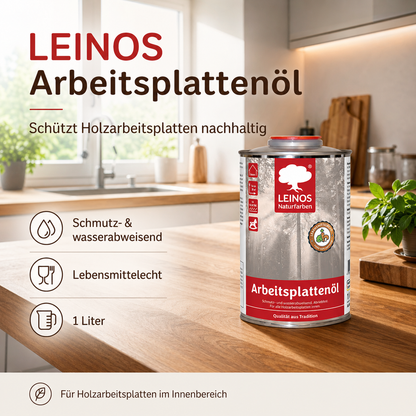 LEINOS 280 Arbeitsplattenöl für Innen 1,0 l | Naturöl zur Imprägnierung von Küchenarbeitsplatten, Möbeloberflächen & Kinderspielzeug aus Holz | Speziell für den Küchenbereich, lösemittelfrei