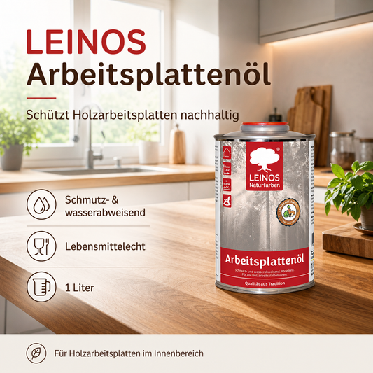 LEINOS 280 Arbeitsplattenöl für Innen 1,0 l | Naturöl zur Imprägnierung von Küchenarbeitsplatten, Möbeloberflächen & Kinderspielzeug aus Holz | Speziell für den Küchenbereich, lösemittelfrei
