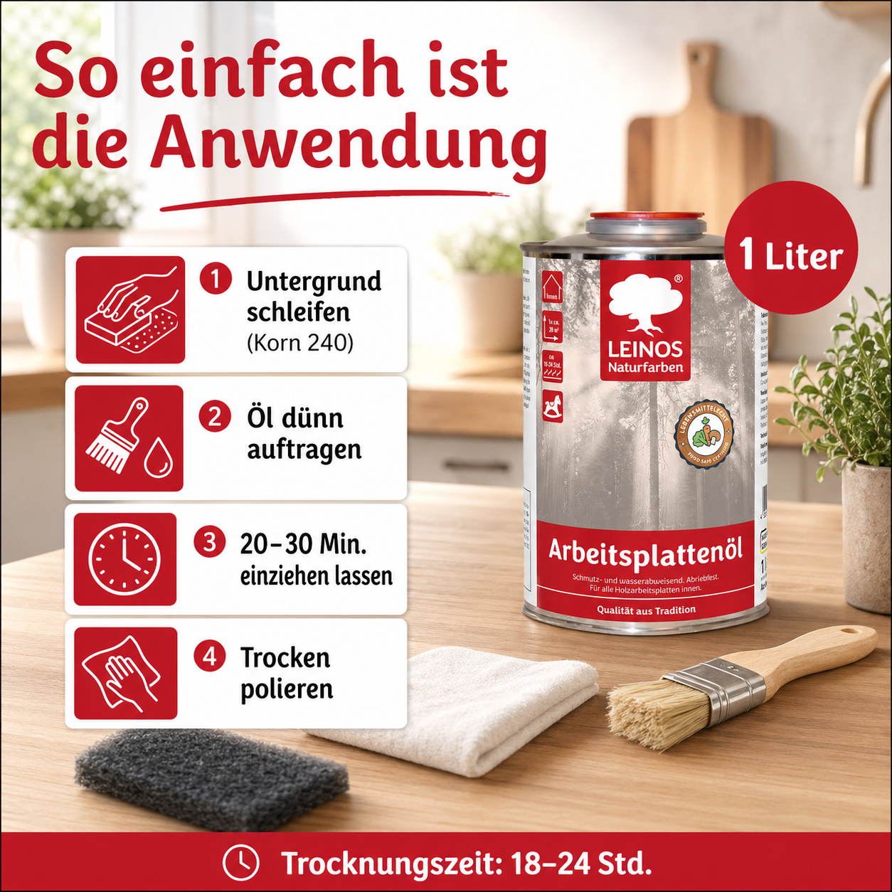 LEINOS 280 Arbeitsplattenöl für Innen 1,0 l | Naturöl zur Imprägnierung von Küchenarbeitsplatten, Möbeloberflächen & Kinderspielzeug aus Holz | Speziell für den Küchenbereich, lösemittelfrei