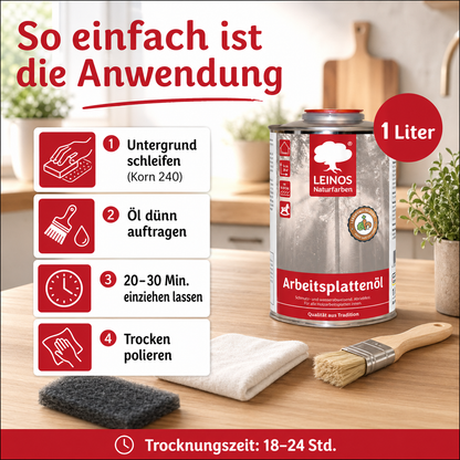 LEINOS 280 Arbeitsplattenöl für Innen 1,0 l | Naturöl zur Imprägnierung von Küchenarbeitsplatten, Möbeloberflächen & Kinderspielzeug aus Holz | Speziell für den Küchenbereich, lösemittelfrei