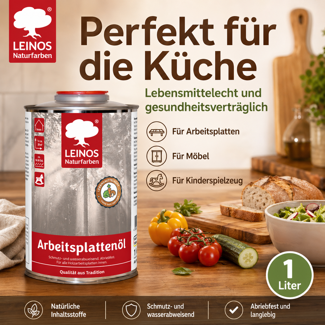 LEINOS 280 Arbeitsplattenöl für Innen 1,0 l | Naturöl zur Imprägnierung von Küchenarbeitsplatten, Möbeloberflächen & Kinderspielzeug aus Holz | Speziell für den Küchenbereich, lösemittelfrei