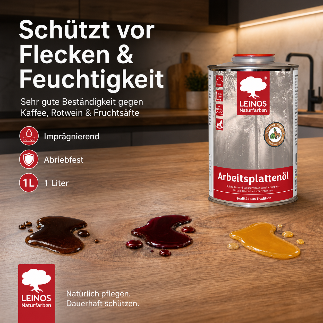 LEINOS 280 Arbeitsplattenöl für Innen 1,0 l | Naturöl zur Imprägnierung von Küchenarbeitsplatten, Möbeloberflächen & Kinderspielzeug aus Holz | Speziell für den Küchenbereich, lösemittelfrei