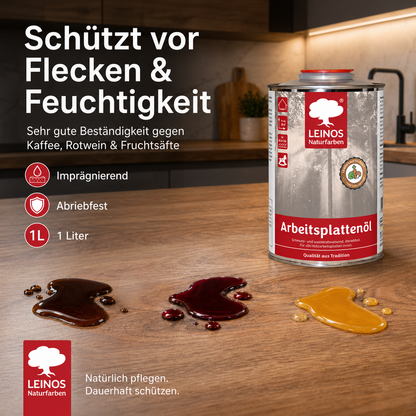 LEINOS 280 Arbeitsplattenöl für Innen 1,0 l | Naturöl zur Imprägnierung von Küchenarbeitsplatten, Möbeloberflächen & Kinderspielzeug aus Holz | Speziell für den Küchenbereich, lösemittelfrei